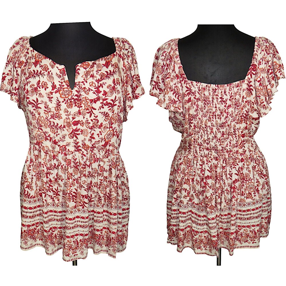 Romantic Gypsy Ivory Red Floral Smocked Flutter Sleeve Boho Top Plus Size 3X